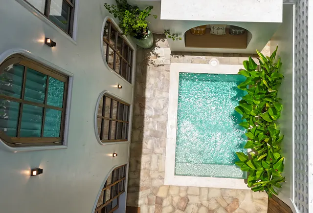 Aerial view of the private villa and pool